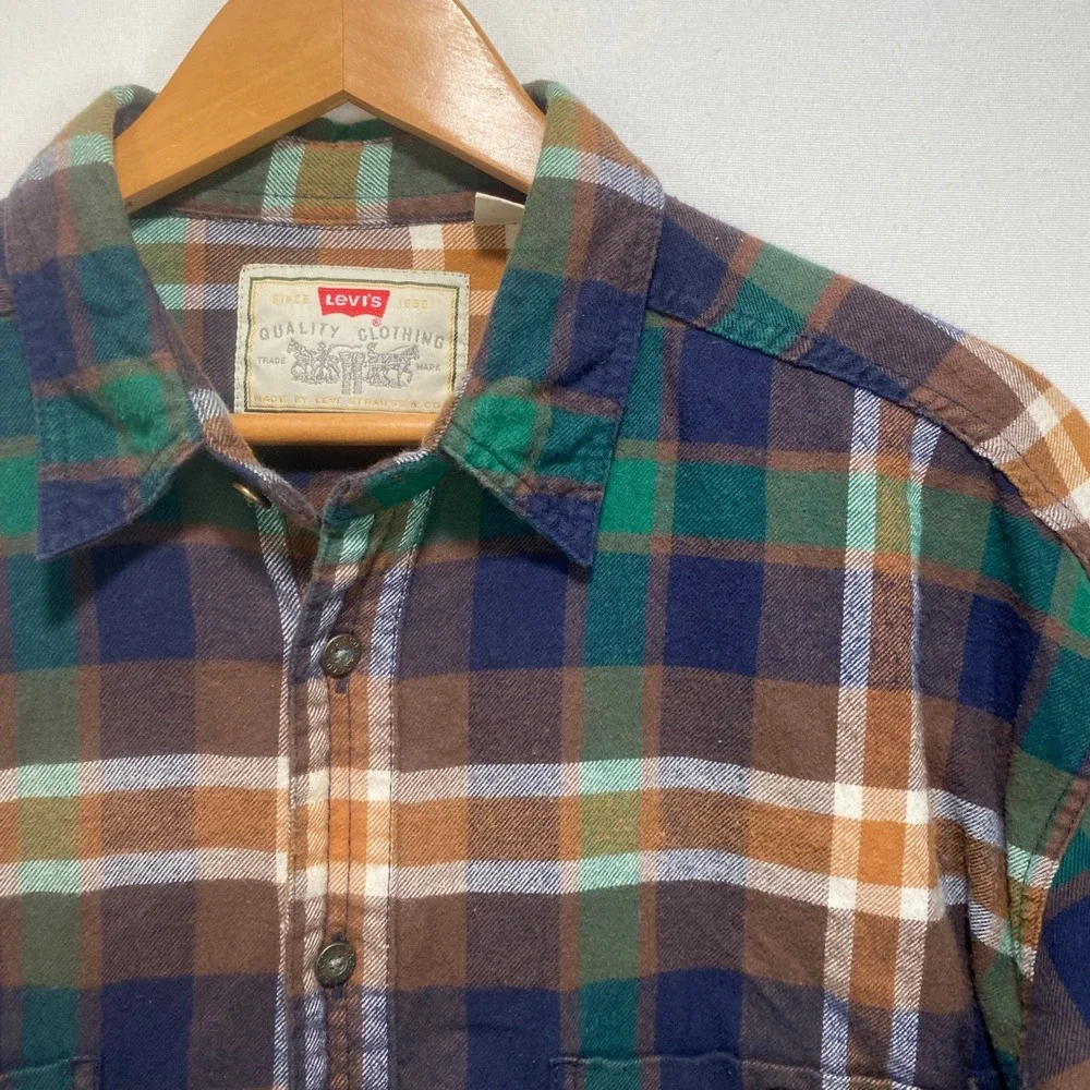 Levis Plaid Flannel Shirt Mens sz L Brown Blue Long Sleeve Button Up Western - Picture 2 of 9